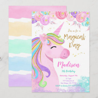Lila Einladung von Unicorn zum Geburtstag
