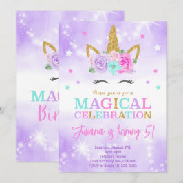 Lila Einladung von Unicorn zum Geburtstag