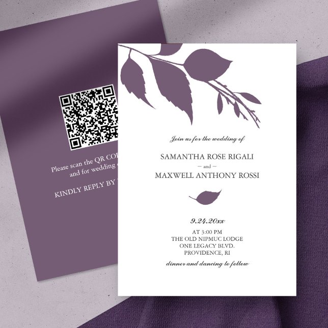 Lila Einladung zur Hochzeit mit QR-Code (QR code wedding invitation botanical purple leaves minimalistic)