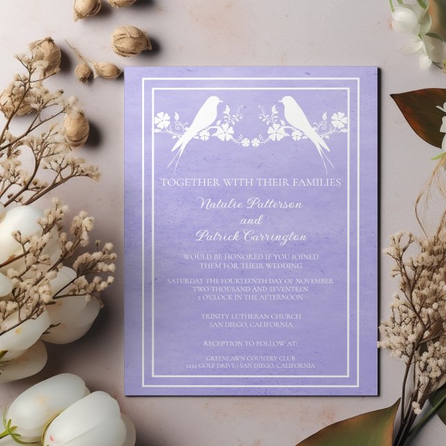 Lila Einladung zur Hochzeit von Lovebird (Purple Lovebird Floral Wedding Invitation)