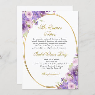 Lila Einladung zur Quinceanera-Blumenwelt auf Span