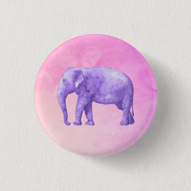 Lila Elefant auf Dreamy Pink Wasserfarben Button (Vorderseite)