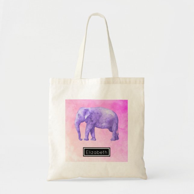 Lila Elefant auf Dreamy Pink Wasserfarben Tragetasche (Vorne)
