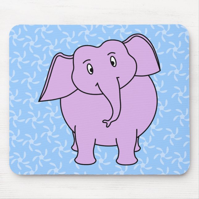 Lila Elefant-Cartoon. Blauer Blumenhintergrund Mousepad (Vorne)