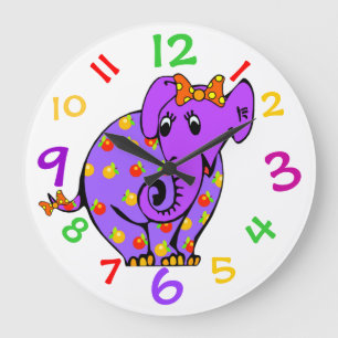 Lila Elefant scherzt Uhr mit bunten Zahlen