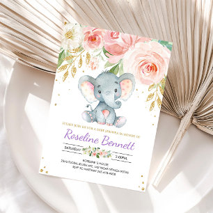Lila-Elefanten-Blumen-Baby-Party-Einladung Einladung