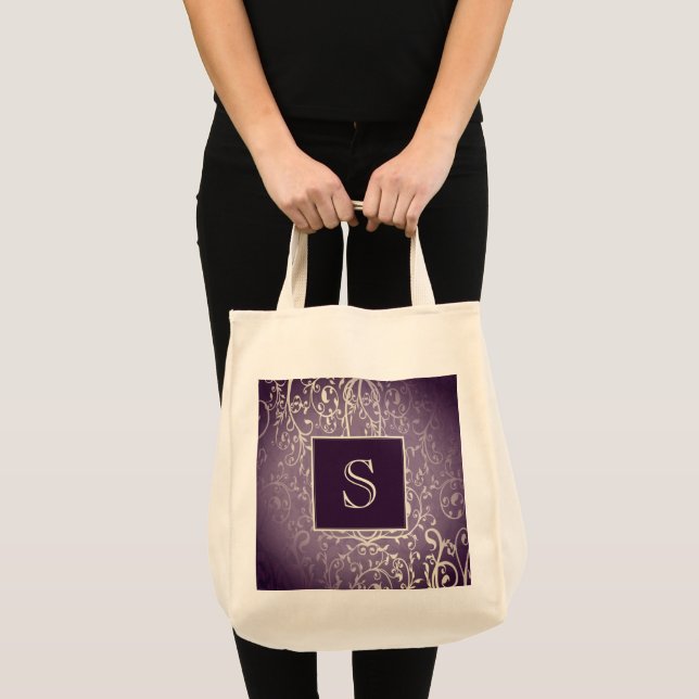 Lila Elegant-Monogram Tote Bag Geblüht Tragetasche (Vorderseite (Produkt))