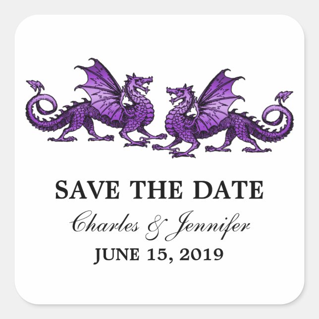 Lila Elegante Drachen Save the Date Stickers (Vorderseite)