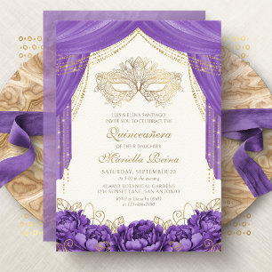 Lila Elegante Masquerade Quinceanera Einladung