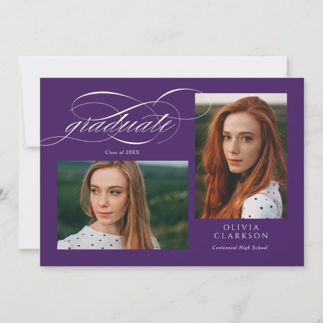Lila Elegante Script 3 Foto Graduation Party Einladung (Vorderseite)
