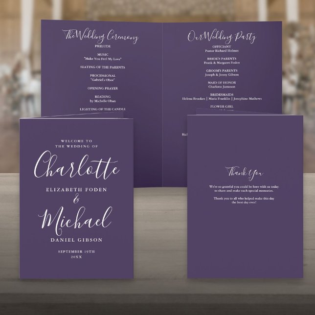 Lila Elegante Signature Script-Hochzeit Programm (Purple Elegant Signature Script Wedding Program)