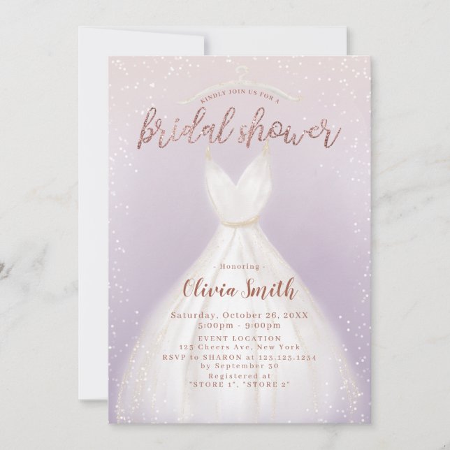 Lila elegantes Hochzeitskleid-Brautparty Einladung (Vorderseite)