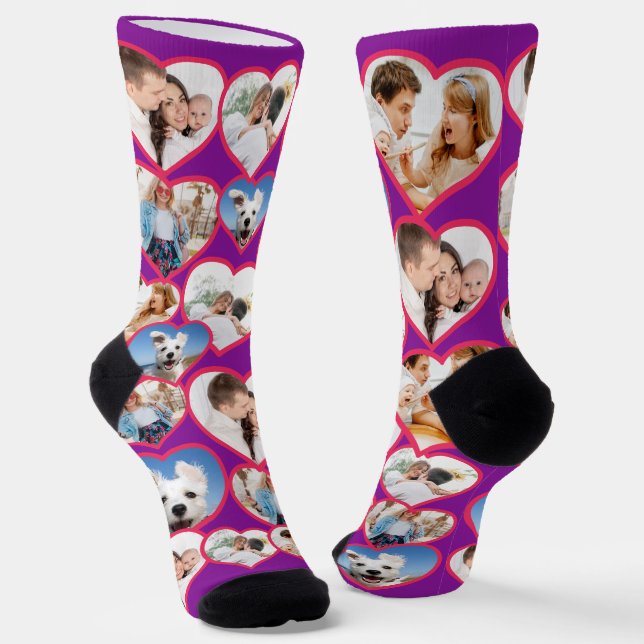 Lila elegantes rotes Herzmuster | 5 FotoCollage Socken (Gewinkelt)