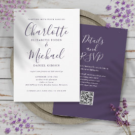 Lila, elegantes Script QR Code Hochzeit Einladung