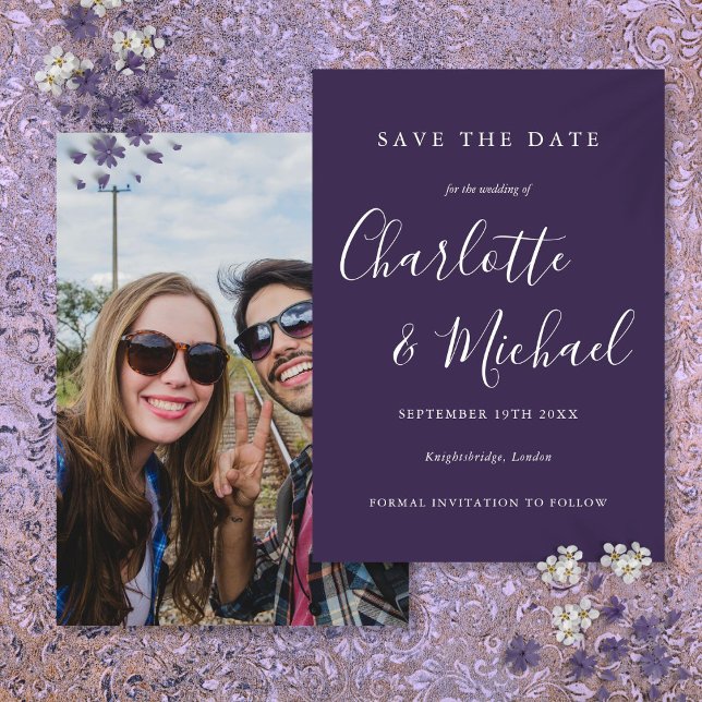 Lila elegantes Signature-Script-Foto Save The Date (Purple Elegant Signature Script Photo Save The Date)