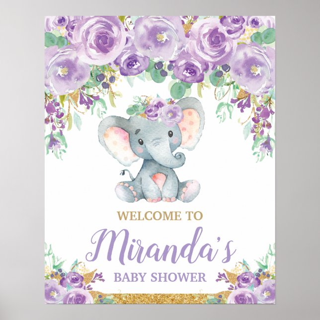 Lila Elephant Baby Dusche Begrüßung Poster (Vorne)