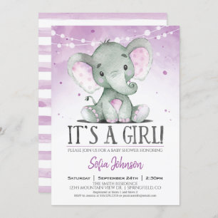 Lila Elephant Girl Baby Dusche Einladung