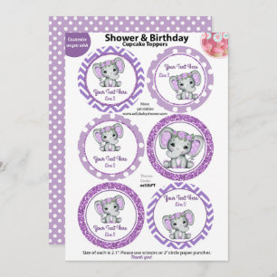 Lila Elephant Girl Cupcake Toppers, Babydusche Einladung
