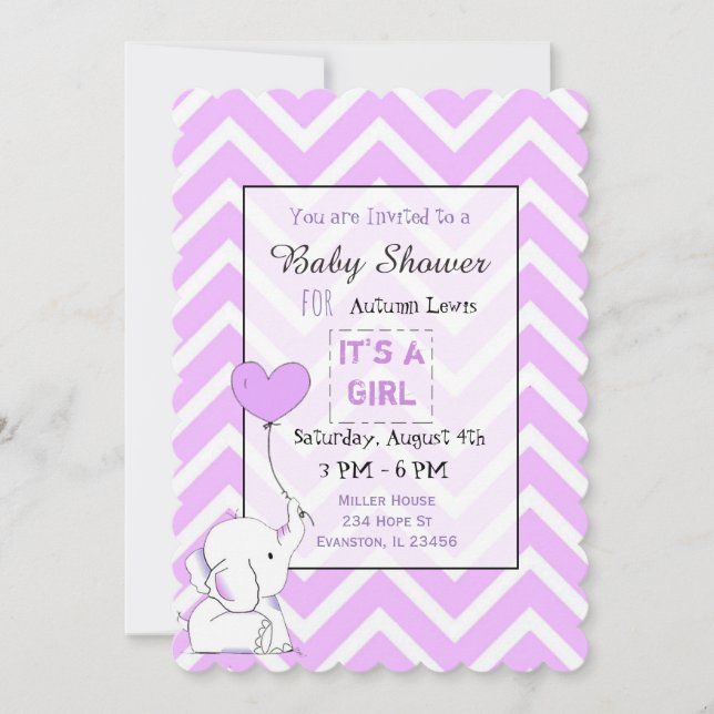 Lila Elephant Themeed Baby Shower Einladungen (Vorderseite)