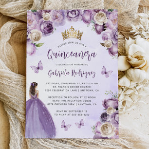 Lila Elfenbein Gold Blumen-Aquarell Quinceañera Einladung
