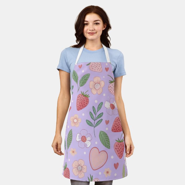 Lila Erdbeermuster All-over-Print-Schürze Schürze (Getragen)