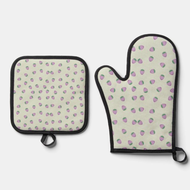 Lila Erdbeermuster Ofenhandschuh & Topflappen-Set (Vorderseite)