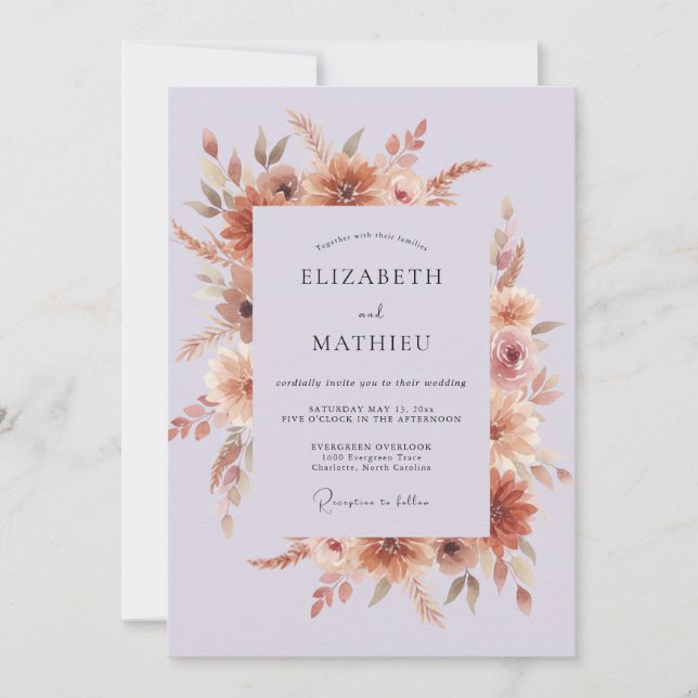 Lila erdige herbstliche Hochzeit Einladung (Vorderseite)