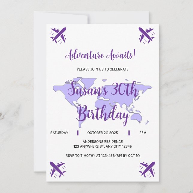 Lila Erlebnis Geburtstagseinladung Einladung (Vorderseite)