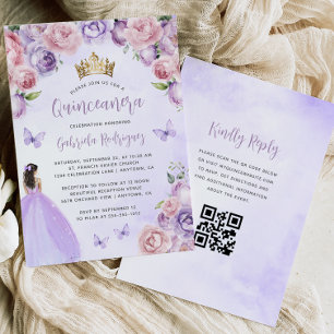 Lila Erröten Florale Wasserfarbe QR-Code Quinceañe Einladung