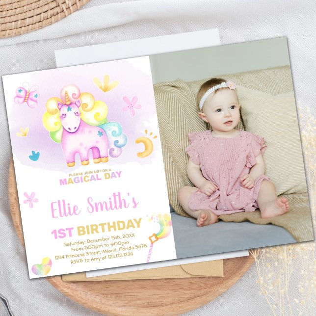 Lila Ersteinzunehmen Geburtstagseinladungen mit Fo Einladung (Purple First Unicorn Birthday Invitations w photo)