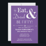 Lila Essen Drink Be 50. Geburtstag Mitte des Jahrh Einladung<br><div class="desc">Laden Sie Freunde und Familie ein,  um Ihnen zu helfen,  Ihren 50. Geburtstag mit dieser trendigen Retro-Weiß auf lila lila Eat,  Drink & Be 50! Party Einladung zu feiern!</div>