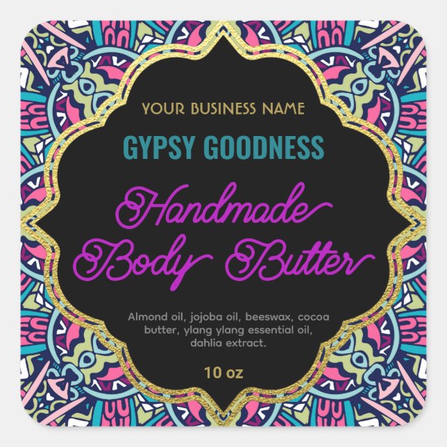 Lila Ethnic-Ornamental-Rahmen-Label Quadratischer Aufkleber (Vorderseite)
