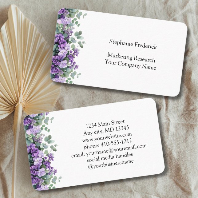 Lila Eukalyptus Feminine Visitenkarte (Purple Eucalyptus Floral Business card for her. Hairstylist, Florist, Event Planner, Nail Salon)