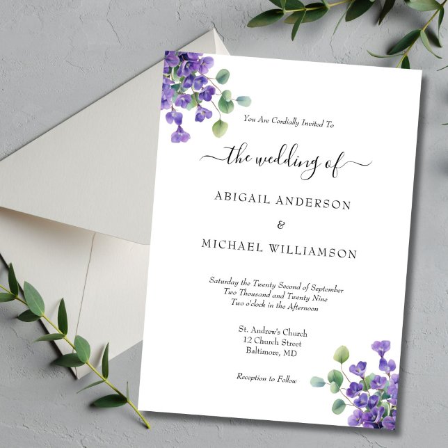 Lila Eukalyptus Grüne Weinroute Einladung (Purple Floral Eucalyptus Watercolor Elegant Wedding invitation)