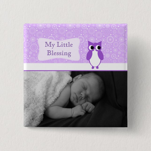 Lila Eule mit Retro Kreis-neuem Baby-Foto Button (Vorderseite)