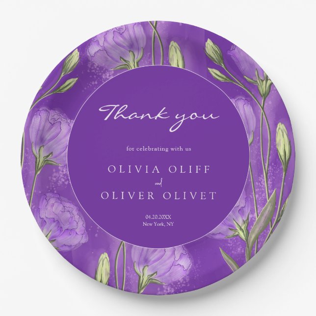 Lila Eustomas Wedding Vielen Dank Pappteller (Vorderseite)