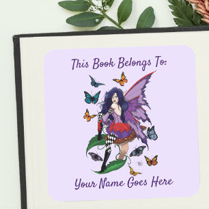 Lila Fairy Mushroom Butterflies Buchzeichen Quadratischer Aufkleber