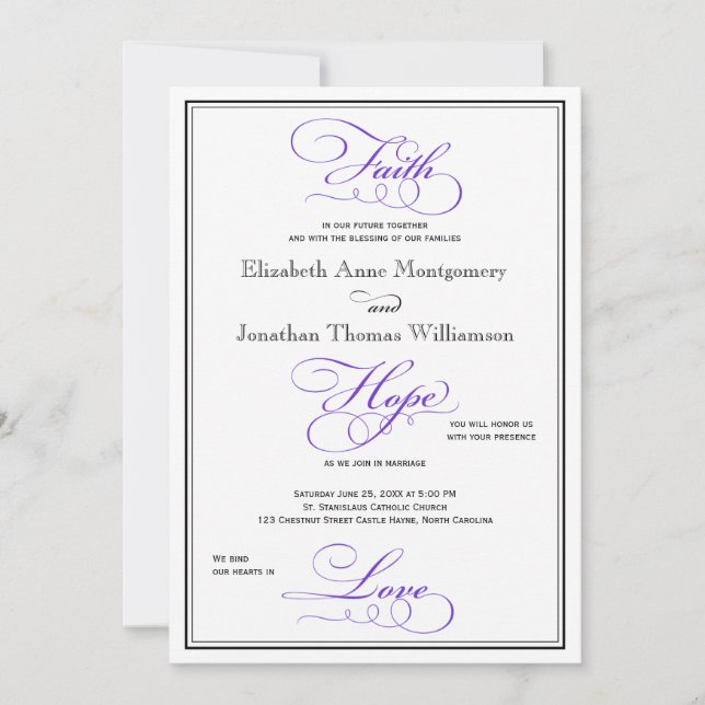 Lila Faith Hope Liebe Skript Hochzeit Einladung (Vorderseite)