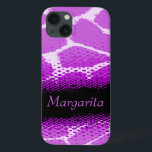 Lila Fall Case-Mate iPhone Hülle<br><div class="desc">Helles Tier gemusterte Gehäuse in Schwarz, Weiß und fett lila Farbtönen. Personalisieren Sie dieses Objekt mit Ihrem eigenen Namen. Derzeit liest Margarita. Dieses originale Muster von Sarah Trett basiert auf dem Muster einer Giraffe mit einem halbmondförmigen Punktegewinn-Overlay.</div>
