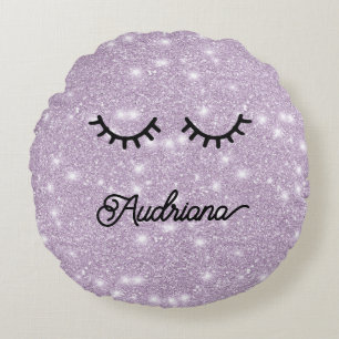 Lila falsche Glitter-Wimpern personalisierter Name Rundes Kissen