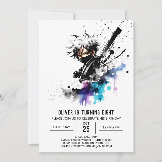 Lila Fantasie Ninja Boy Digital Geburtstag Einladung (Vorderseite)