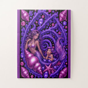 Lila Fantasy Meerjungfrau-Duo Ozeantraum-Kunstpost Puzzle