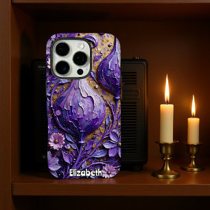 Lila Fantasyblumen mit Goldstruktur iPhone 16 Pro Hülle