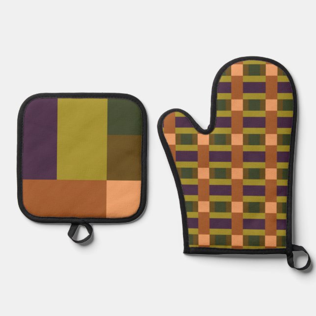 Lila Farbblock mit braunem grünem Pfirsichpfirsich Ofenhandschuh & Topflappen-Set (Vorderseite)