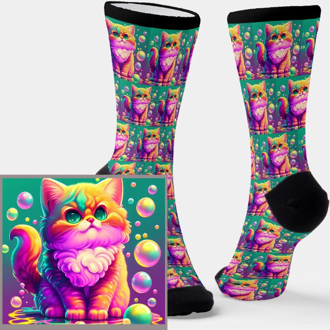 Lila farbenprächtige Katzenfantasie auf Grün Socken (Von Creator hochgeladen)