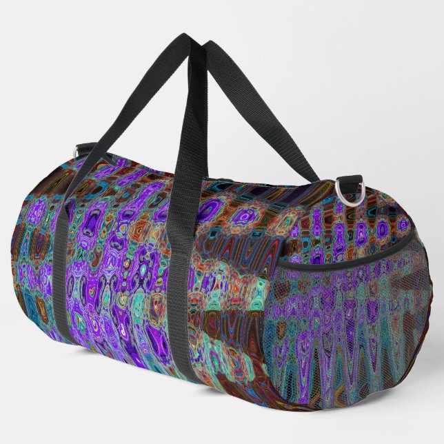 Lila Farbige Groovy Abstrakte Retro Atomwaves Duffle Bag (Rechte Ecke)