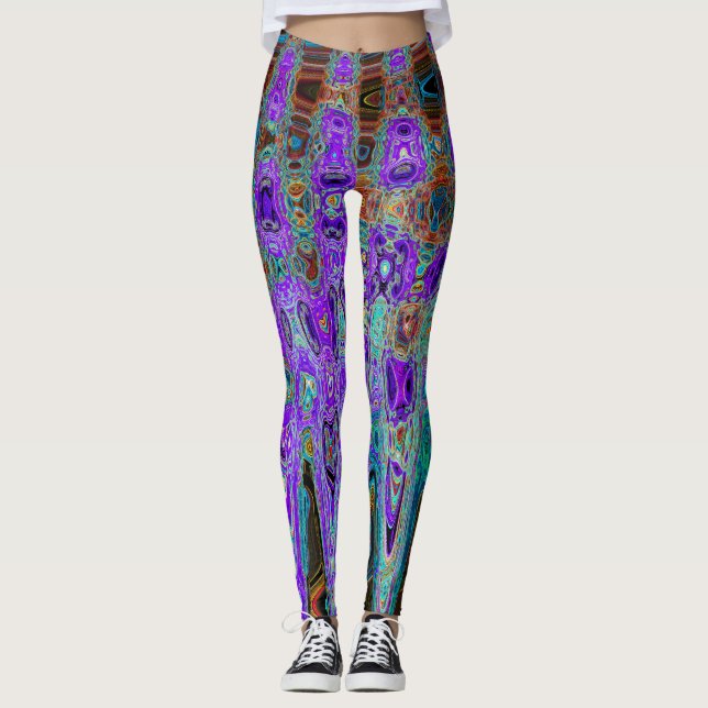 Lila Farbige Groovy Abstrakte Retro Atomwaves Leggings (Vorderseite)