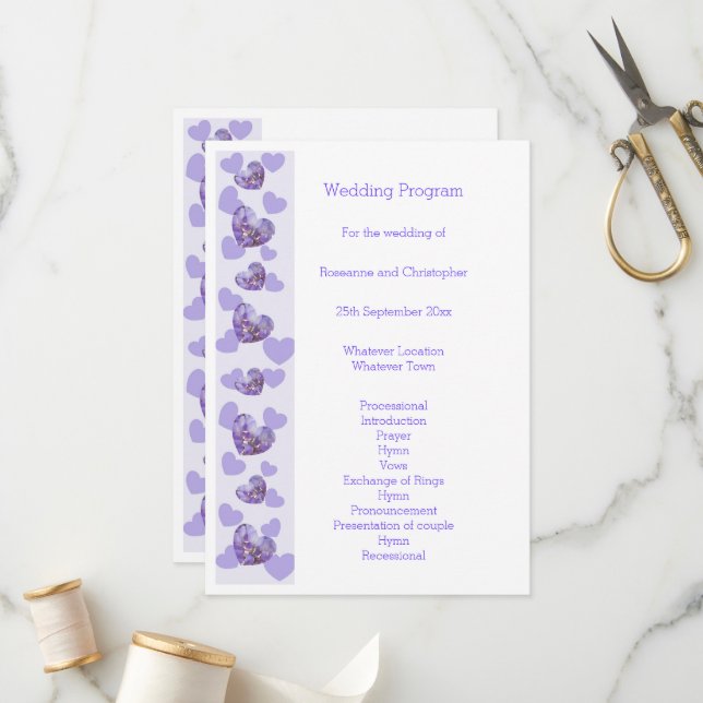 Lila farbige Wisteria Heart Design Wedding Programm (Vorderseite/Rückseite Beispiel)