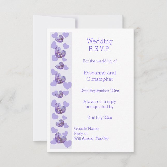 Lila farbige Wisteria Heart Design Wedding RSVP Karte (Vorderseite)