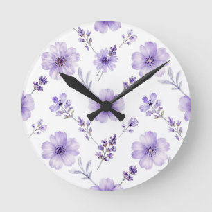 Lila Färbung der Leinsamen-Blumen-Wasserfarben-Mus Runde Wanduhr